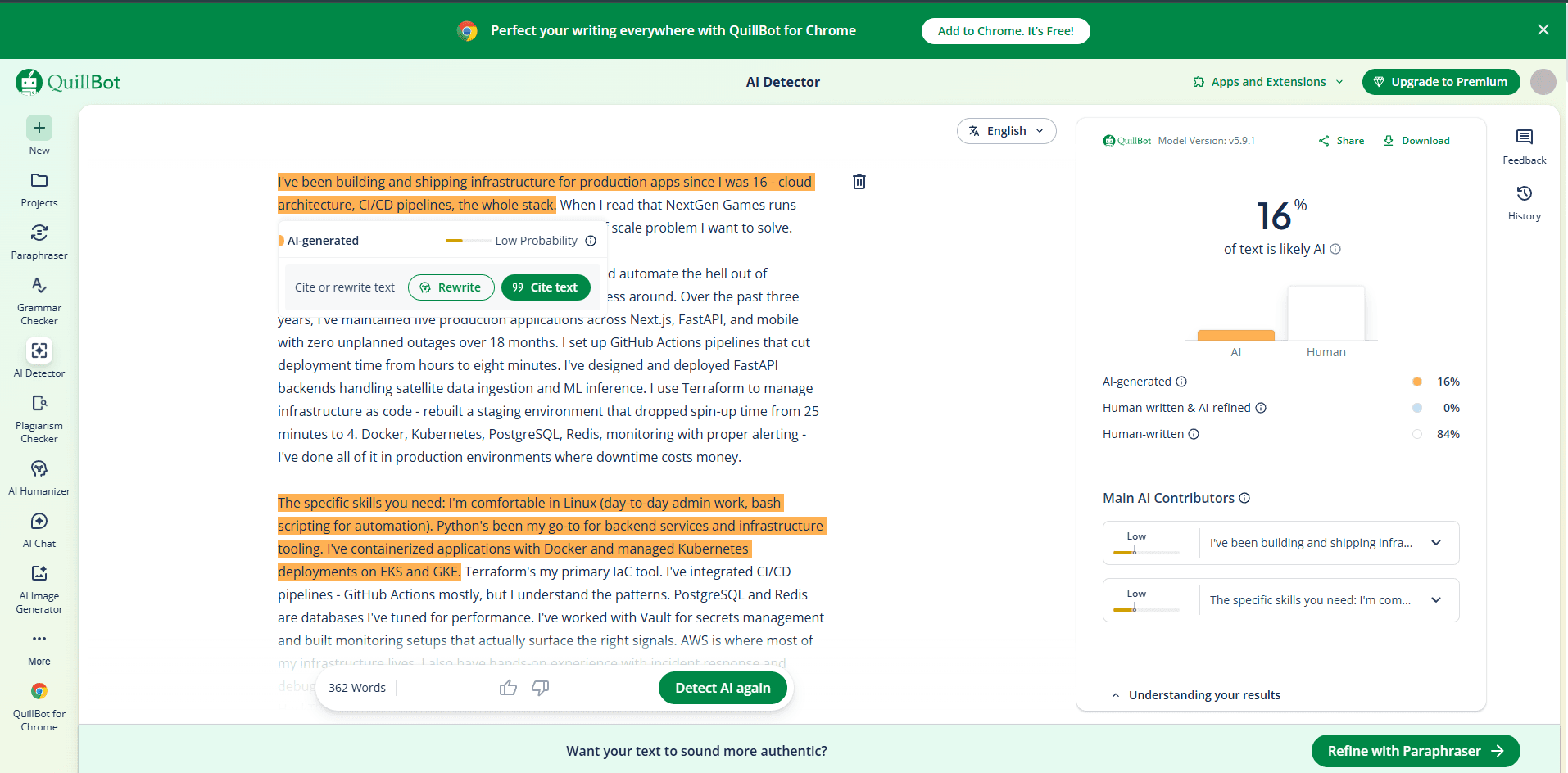 QuillBot AI detector showing 84% human score