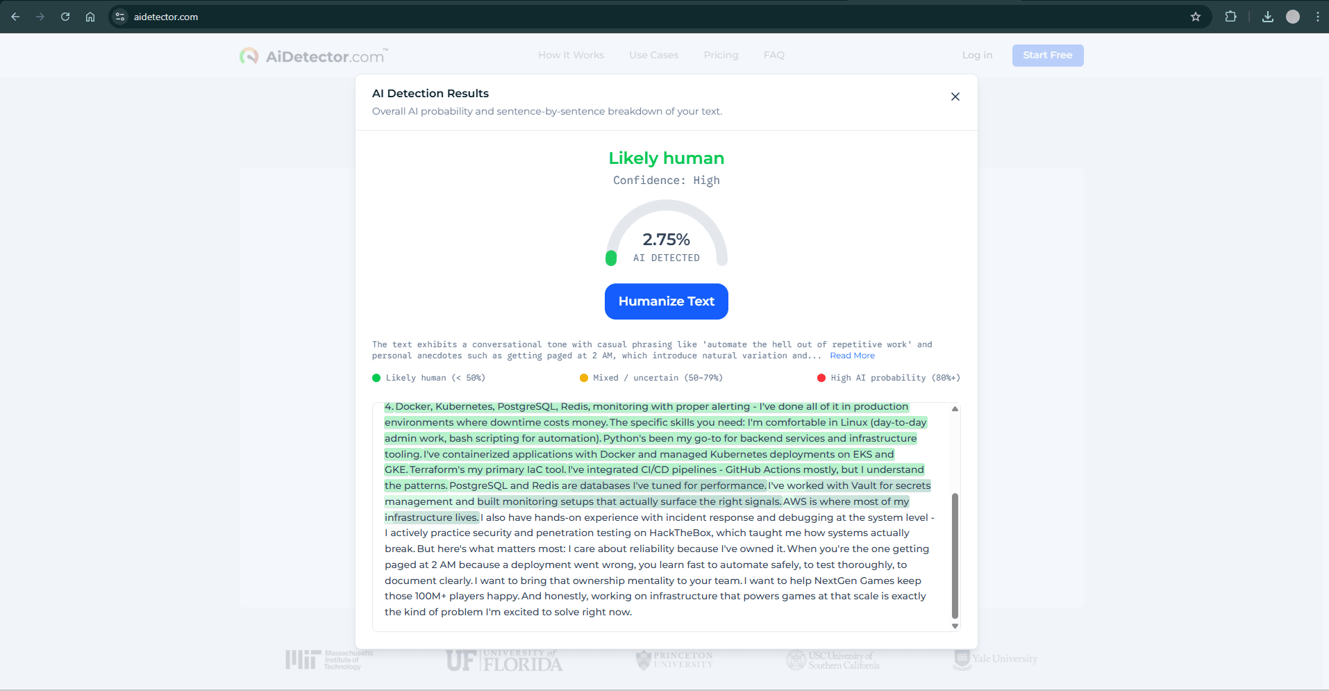 AIDetector.com showing 97% human score