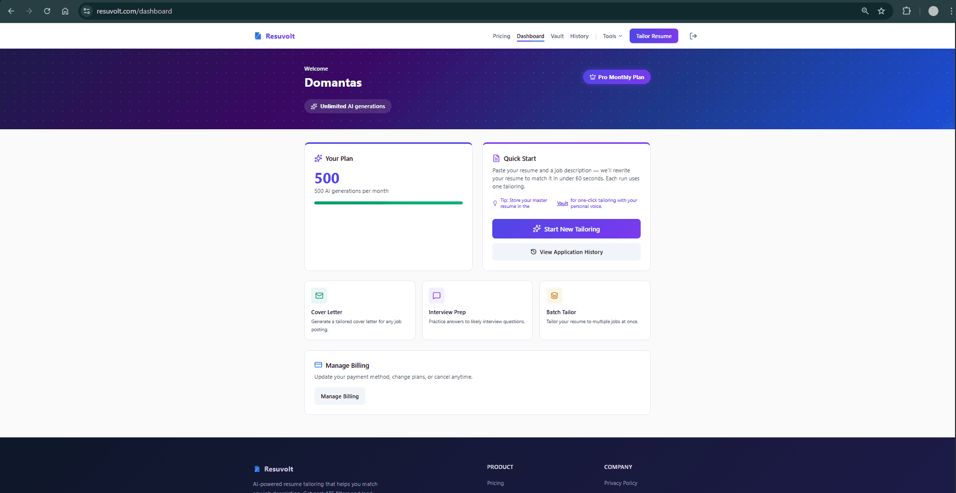 Resuvolt Pro dashboard with tailoring tools and analytics