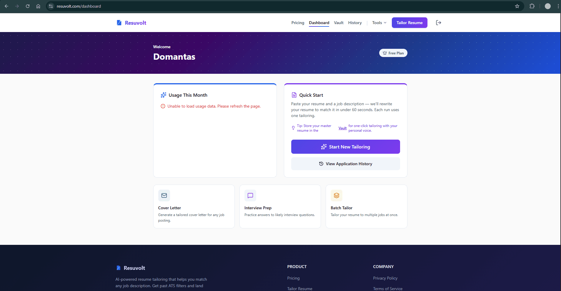 Resuvolt tailoring history with ATS match scores over time
