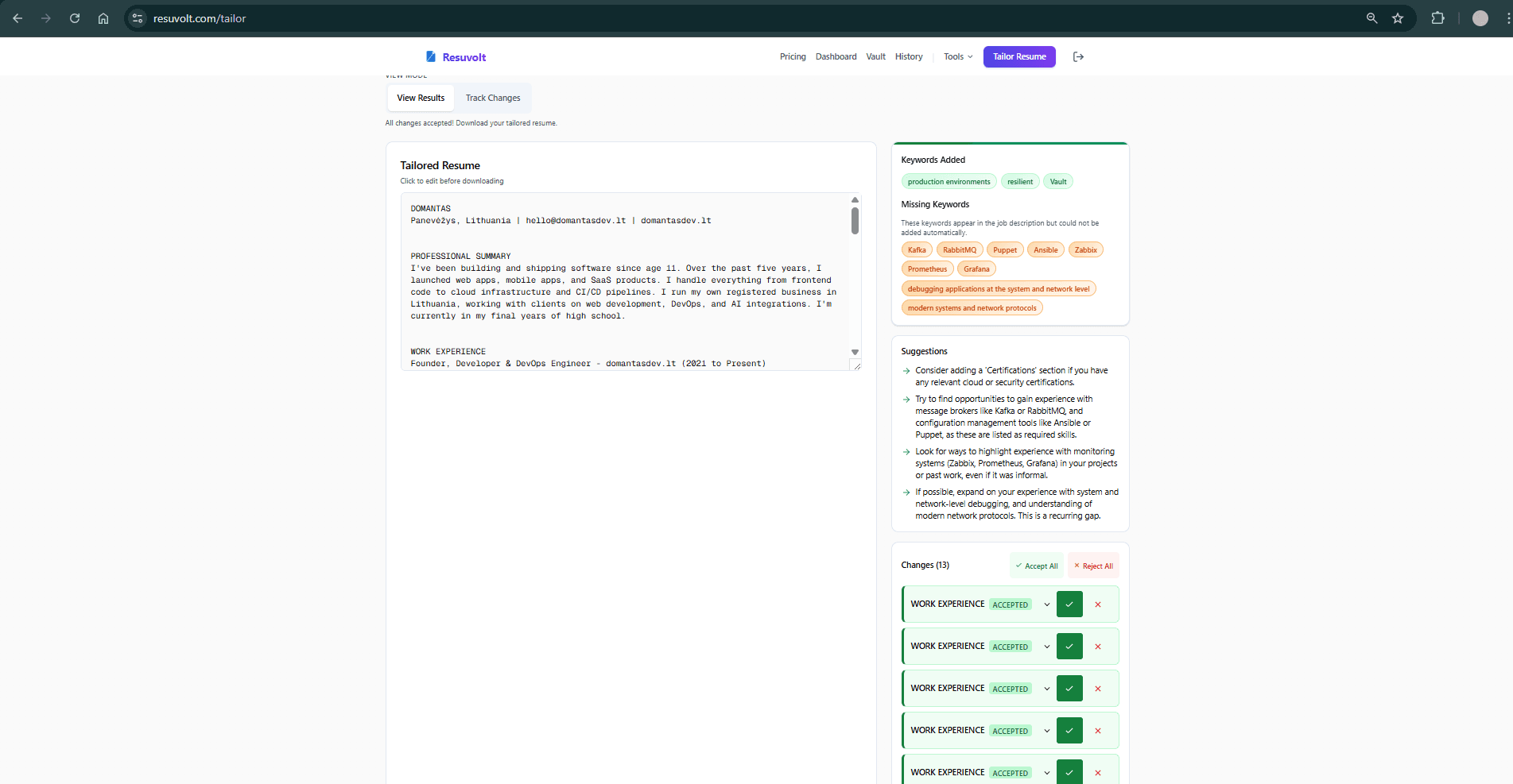 AI-tailored resume with 13 targeted changes highlighted