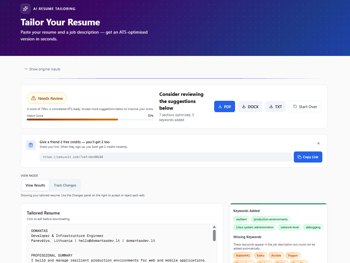 Resume tailoring result with 72% ATS match score