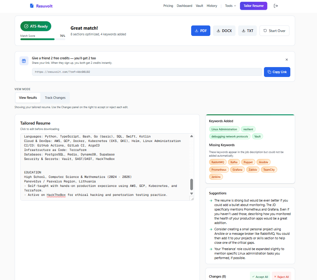 Resuvolt AI resume tailoring results showing 76% ATS match score